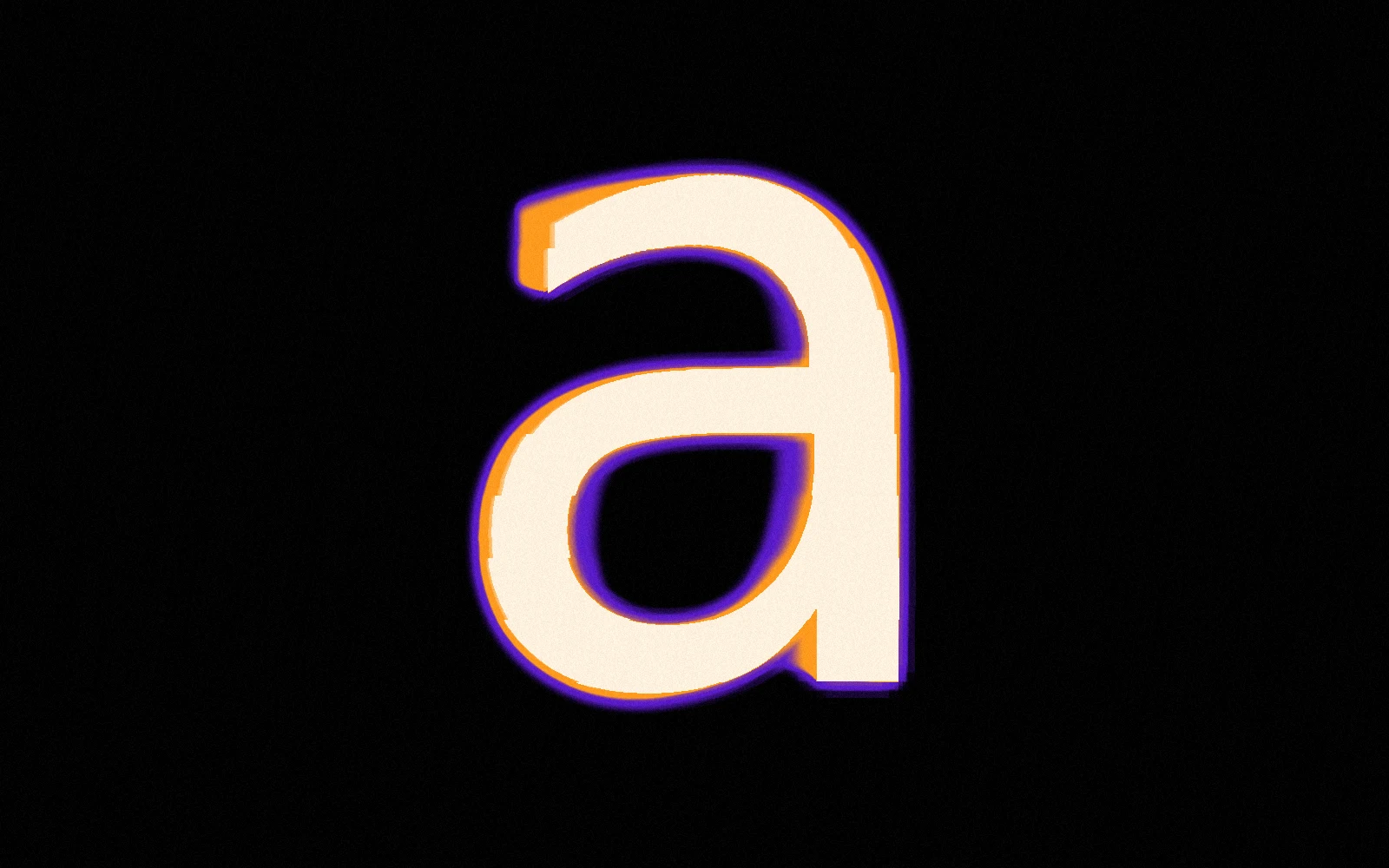 A cream lowercase a turned slightly on its axis, edged in orange and violet where it has just been